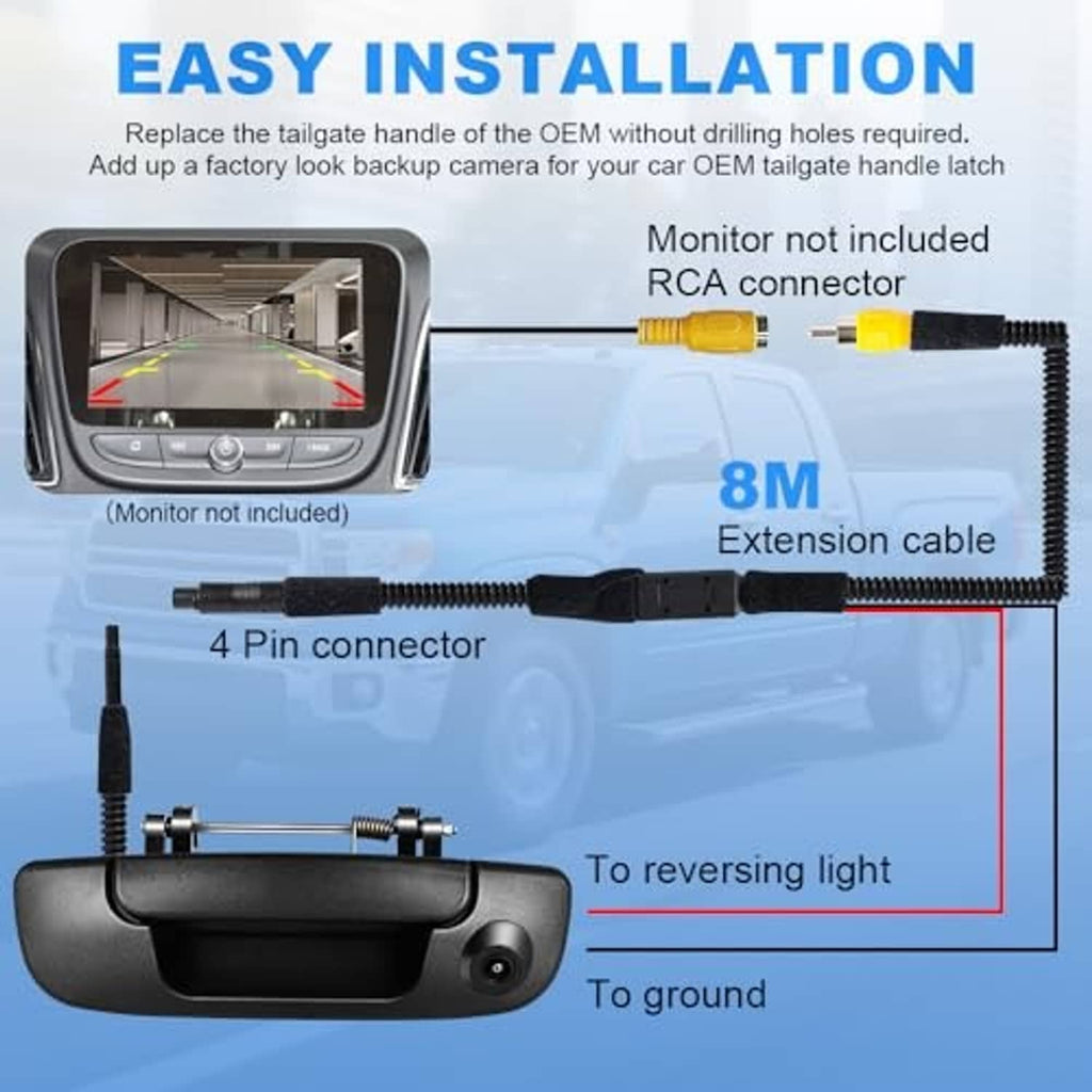 Rear tailgate handle backup camera kit with wiring connectors and 8m extension cable
