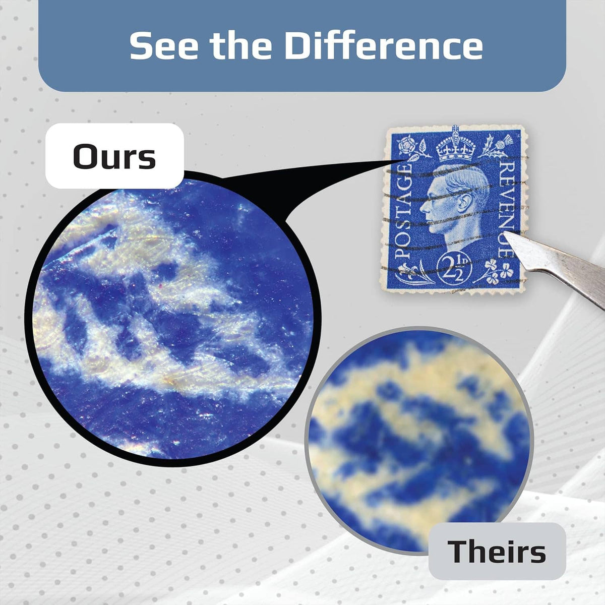 LED pocket microscope comparison graphic showing magnified blue sample views