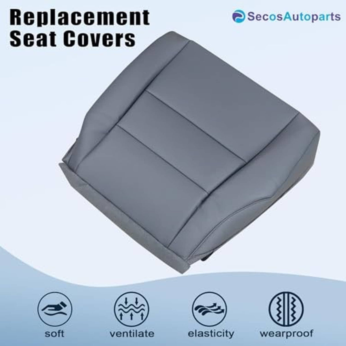 Front driver-side seat cover, dark gray leather-look, contoured backrest panel stitching.