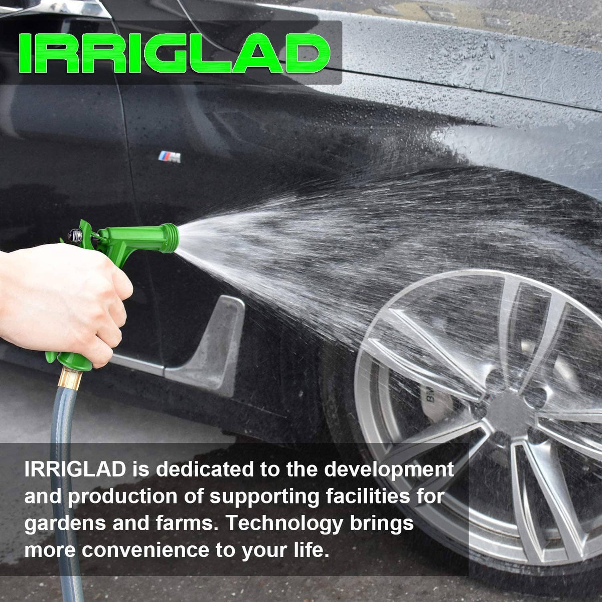 IRRIGLAD green nozzle spraying a steady water stream from pistol grip handle