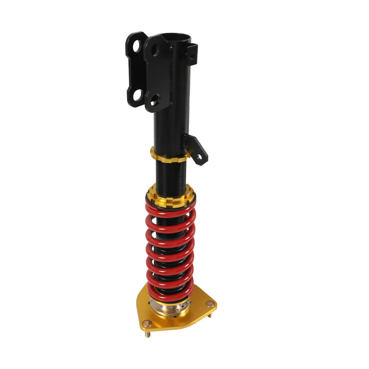 Coilover strut detail with black bracket, red spring, and gold lower mount