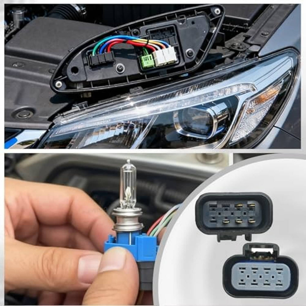 5-pin headlight connector harness shown in vehicle headlamp and with bulb socket
