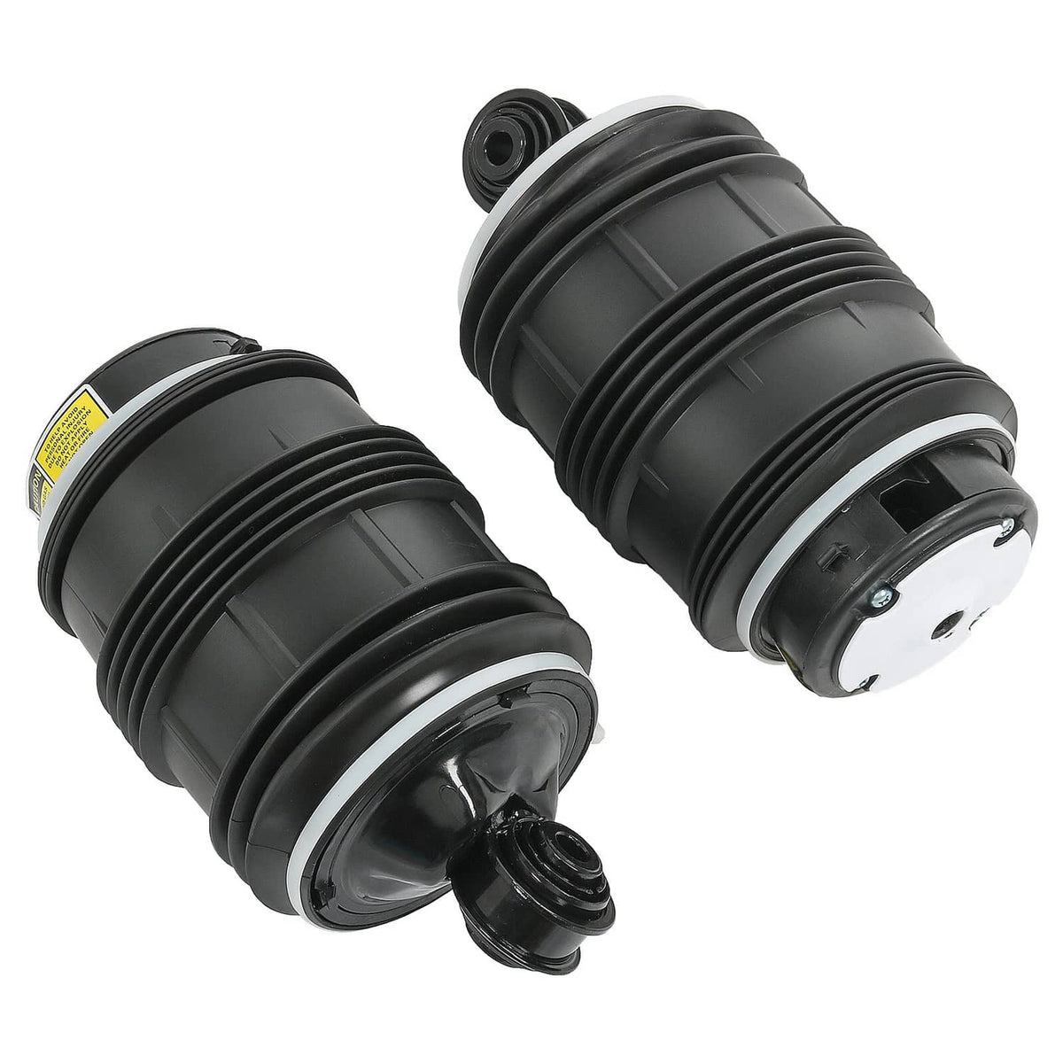 Pair of black rear air suspension springs with side ridges and top mounting plates.