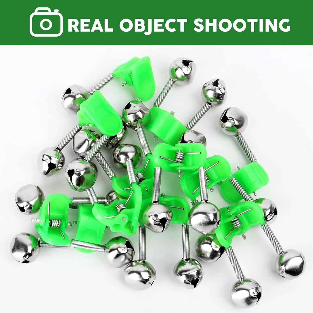Assorted green and chrome fishing rod bite alarm bells with spring mounts