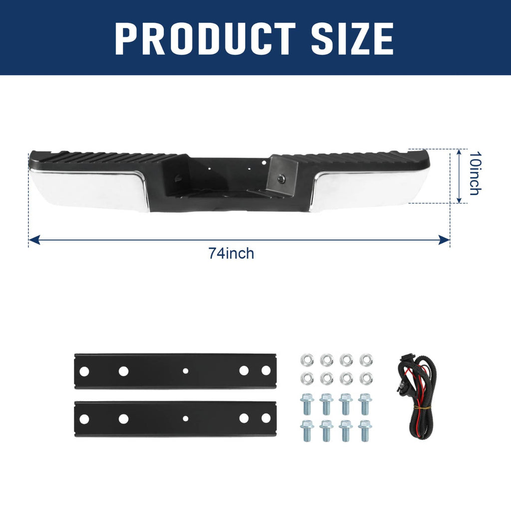 Rear step bumper with black center section, chrome ends, and pre-drilled mounting plates