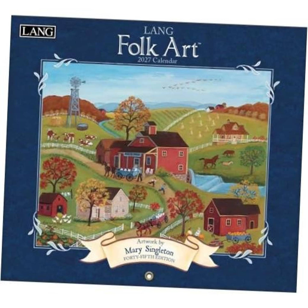 LANG Folk Art 2027 wall calendar cover with countryside farm illustration
