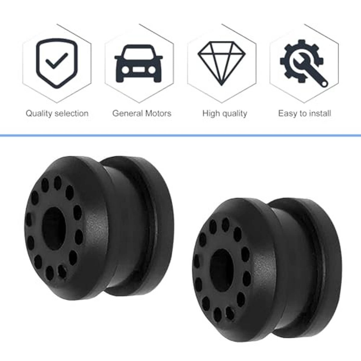 Black shifter linkage bushing pair with molded texture and two-piece rubber design