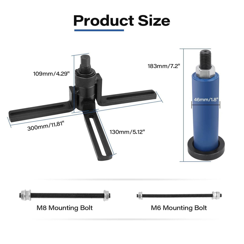 Adjustable crankshaft installer with blue base sleeve and threaded mounting post