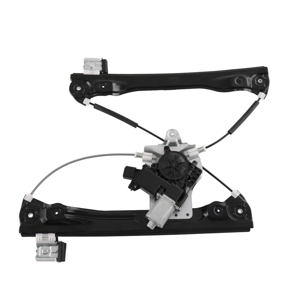Window regulator assembly with motor, black rails and silver mounting brackets