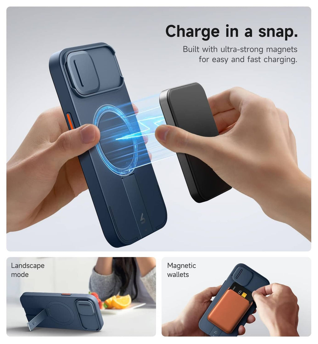 Blue iPhone case with magnetic camera cover, hands adjusting it on the phone