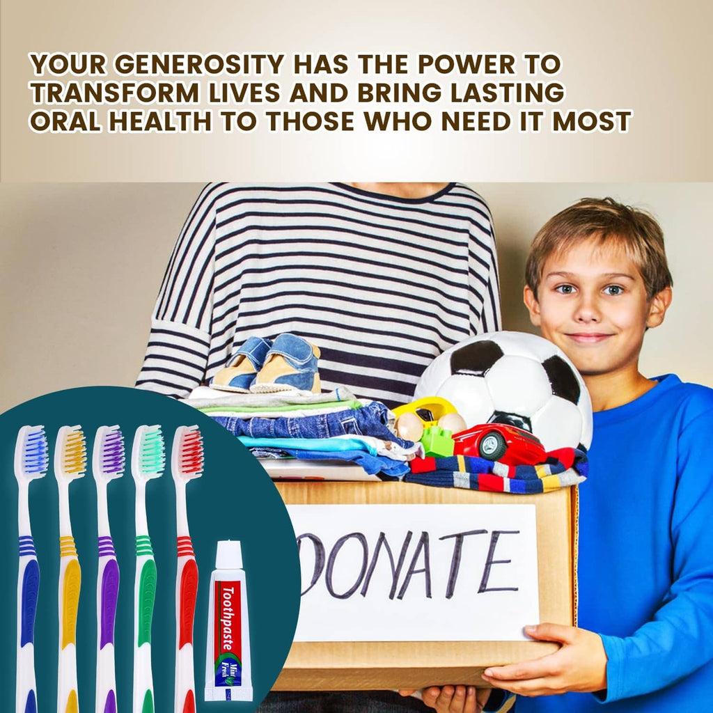 Colorful disposable toothbrushes with white handles arranged on a donation box