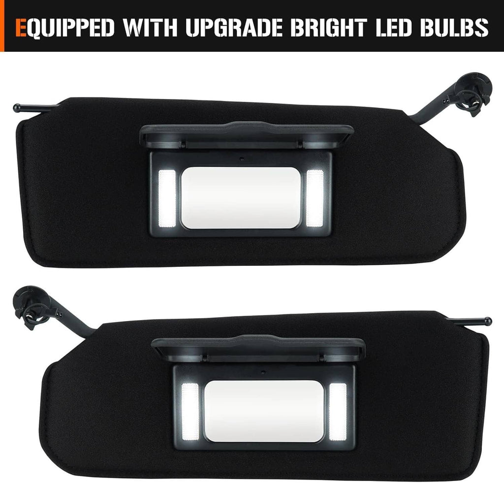 Set of black sun visor shades with bright LED bulbs and hinged mounting arms