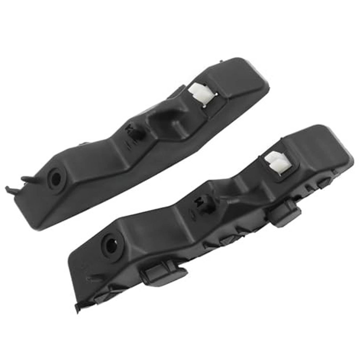 Pair of black plastic front bumper brackets with mounting clips