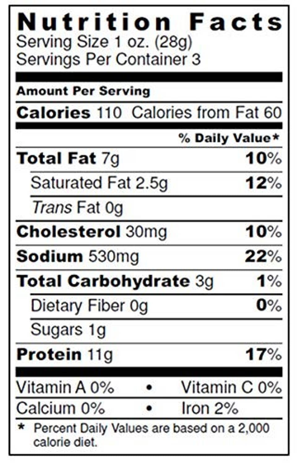 Nutrition facts panel for pork belly bites: 110 calories, 11g protein, 3g carbs