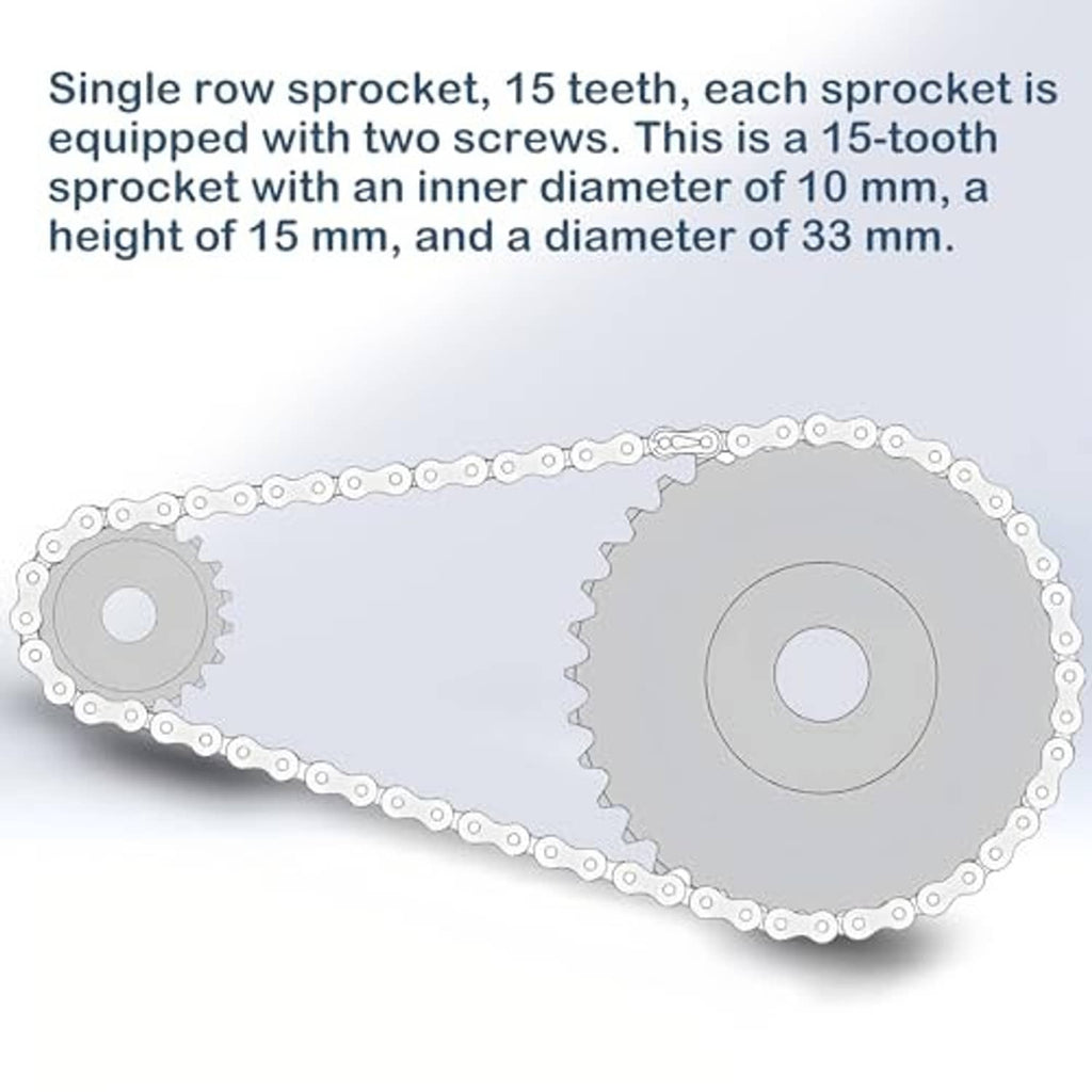 15-tooth sprockets shown with a roller chain loop in a product diagram