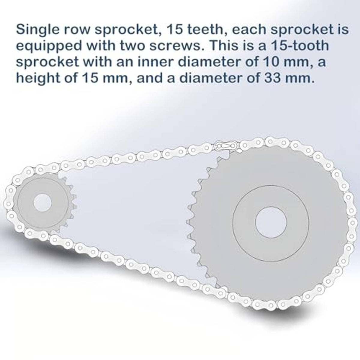 15-tooth sprockets shown with a roller chain loop in a product diagram