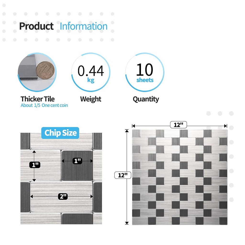 Product info diagram: 12x12 metal backsplash tile sheet with small square chip size
