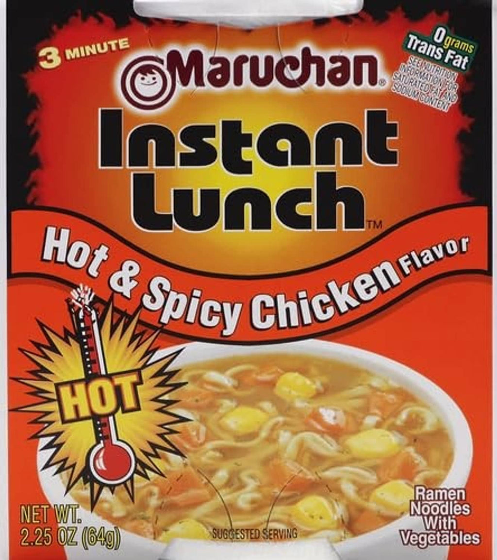 Maruchan Instant Lunch Hot & Spicy Chicken flavor ramen noodle soup box, 3 minute