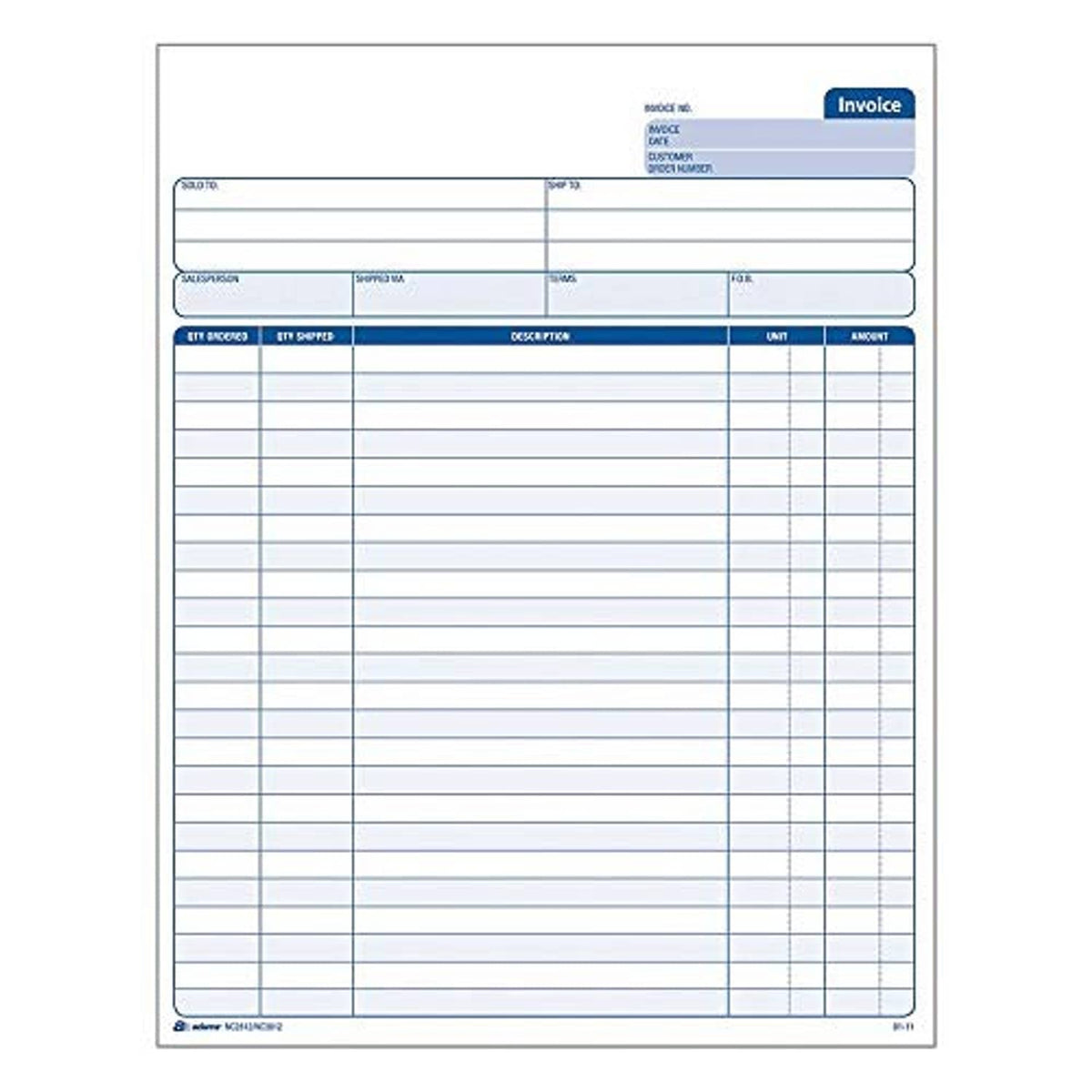 Two-part carbonless invoice form with customer fields and blue item table grid