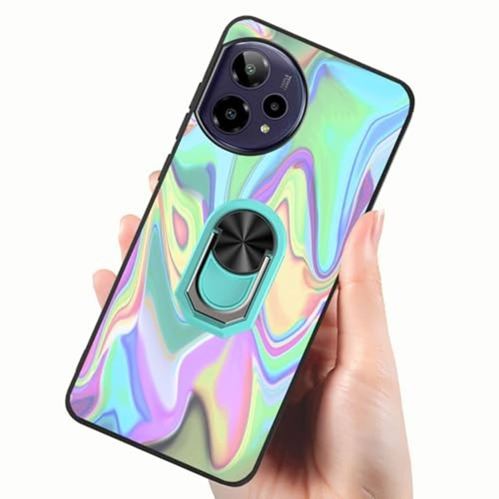 Iridescent wavy phone case with triple camera cutouts and teal rotating ring stand
