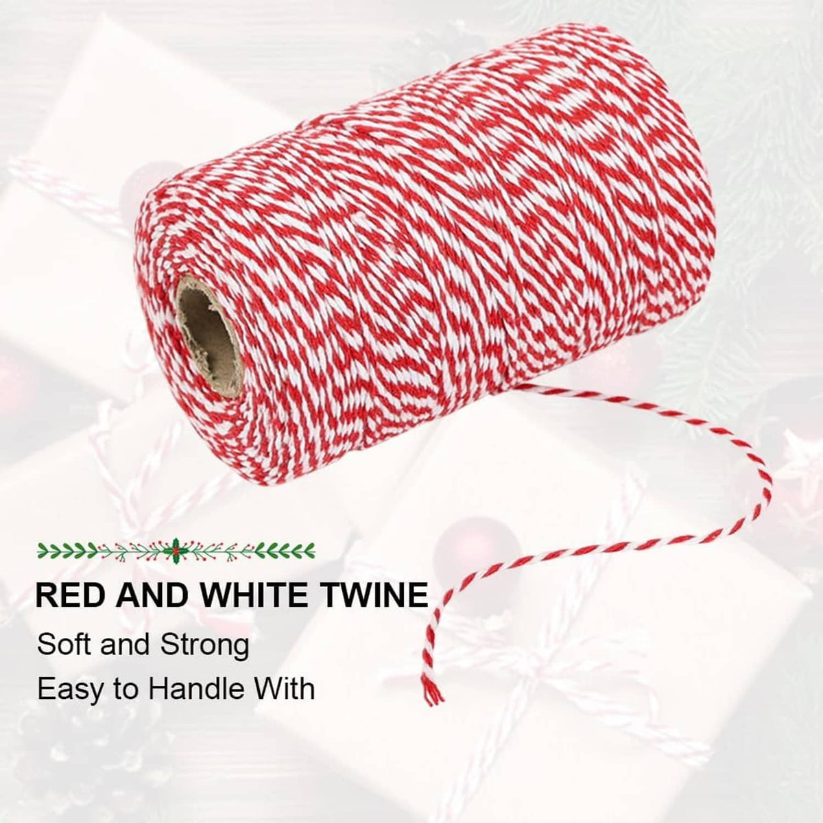 Red and white cotton twine roll with loose strand trailing from the spool core