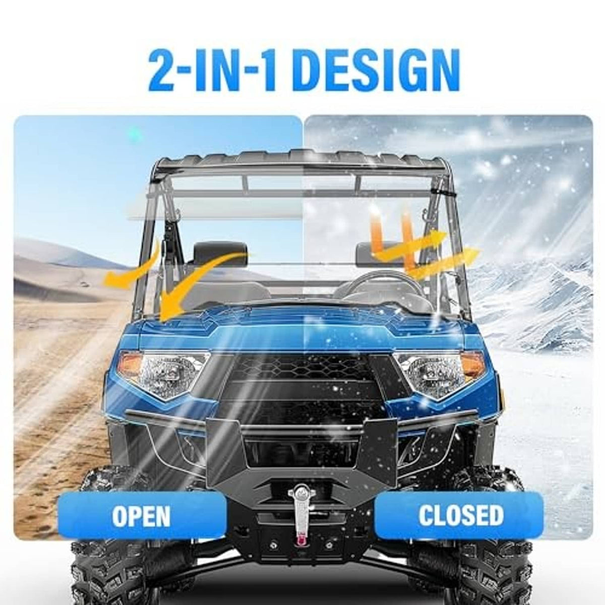 2-in-1 folding clear windshield with open and closed positions