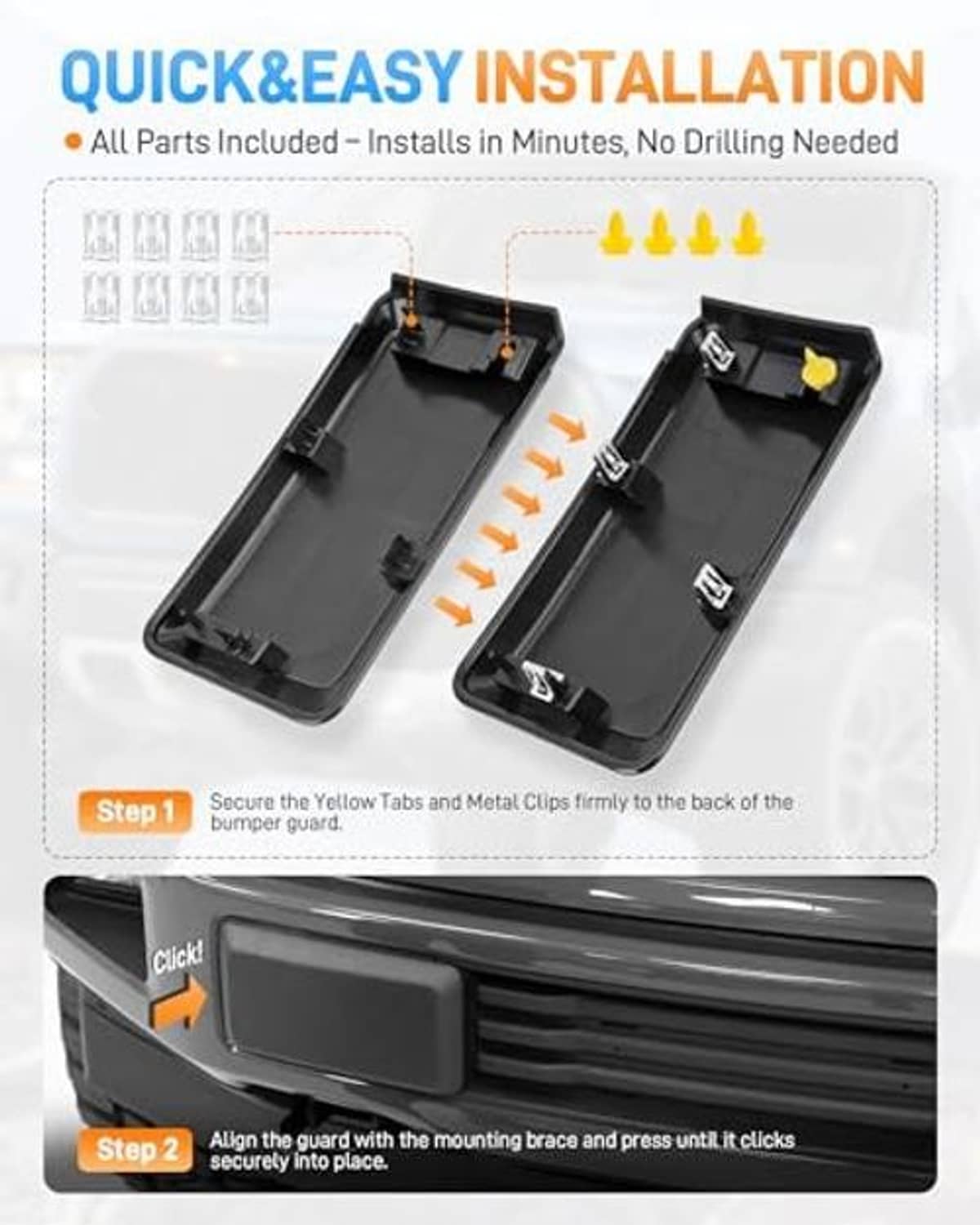 Two black bumper guard pad covers with yellow tabs and metal mounting clips