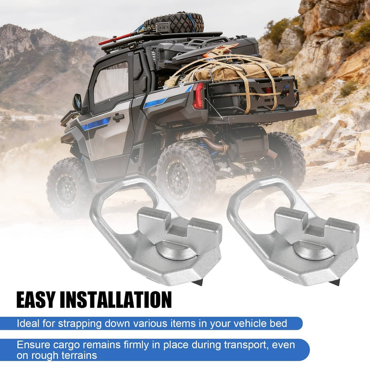 Silver D-ring tie-down brackets, two lockable units for vehicle cargo