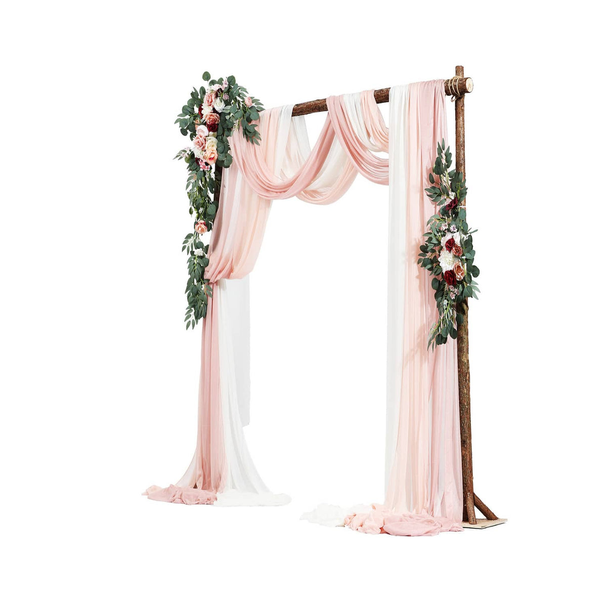 Artificial wedding arch flower kit with tall pink drape panels and floral arch decor