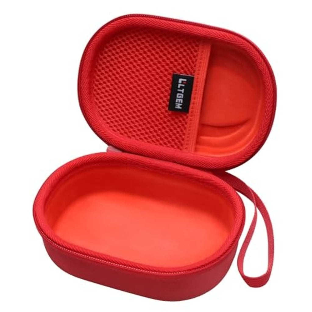 Red speaker case with carry loop, shell open to reveal padded interior