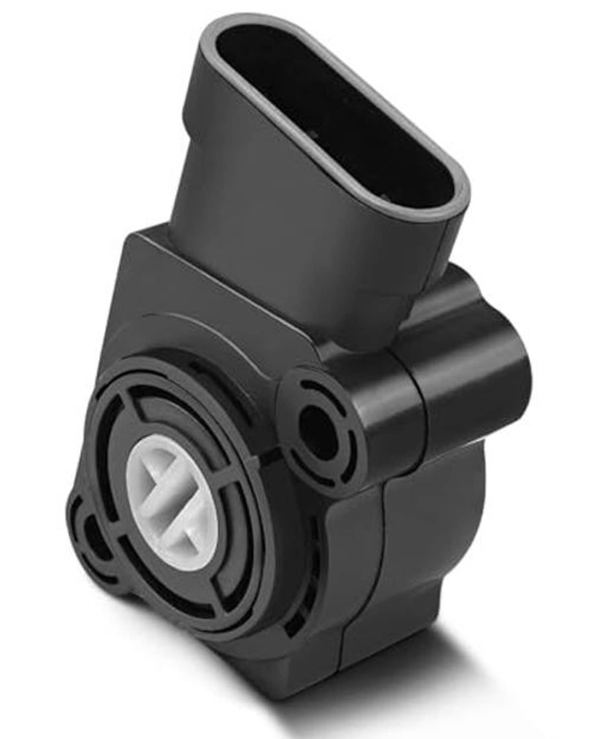 Black throttle position sensor with round mounting base and top inlet port