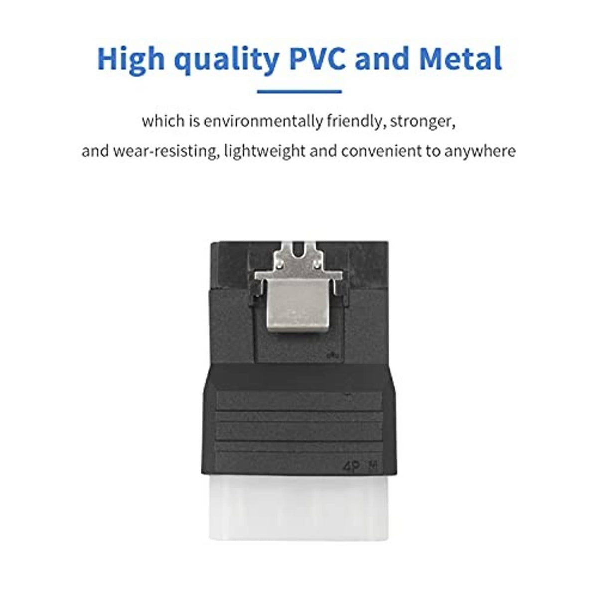Black Molex-to-SATA power adapter with metal contact and exposed connector pins