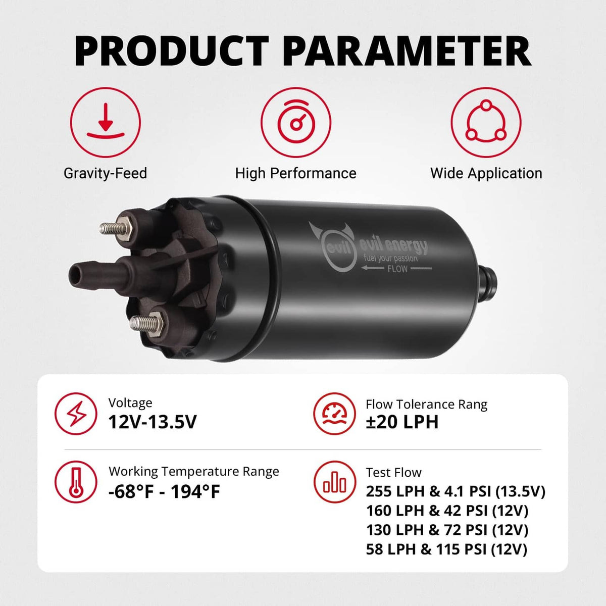 Black inline electric fuel pump with inlet and outlet ports