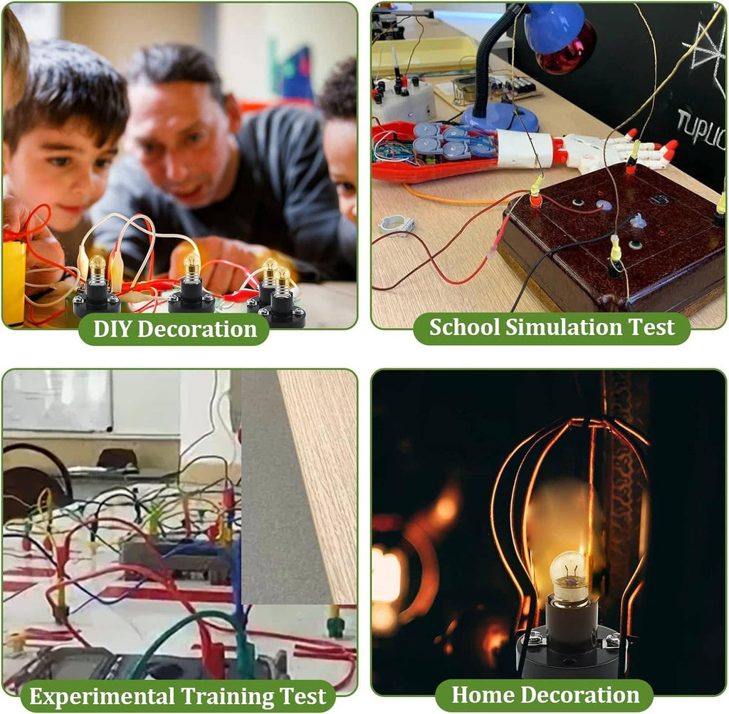 Mini E10 bulbs installed in hands-on electronics projects with circuit wiring and boards