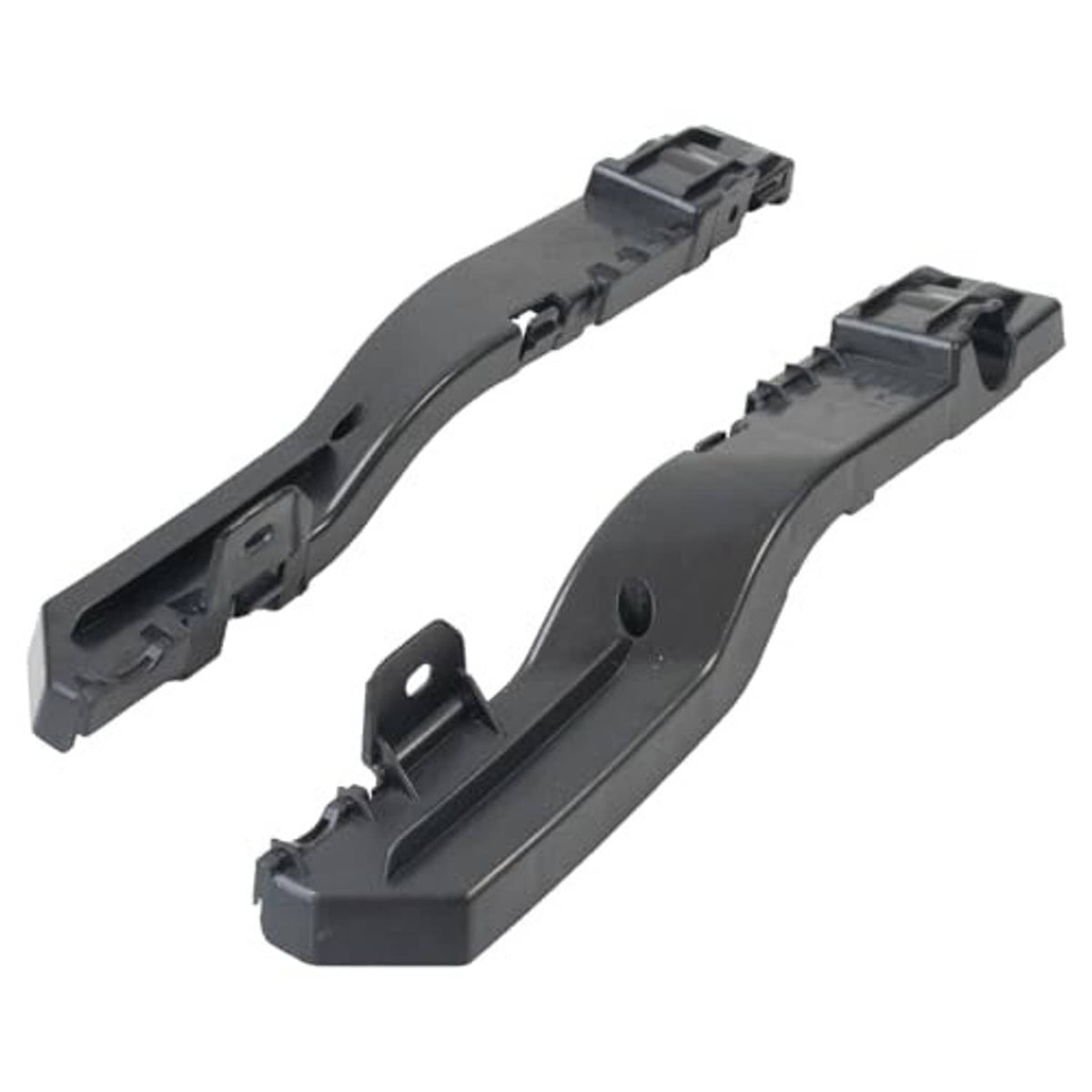 Front bumper bracket pair, black curved plastic arms with snap-fit ends
