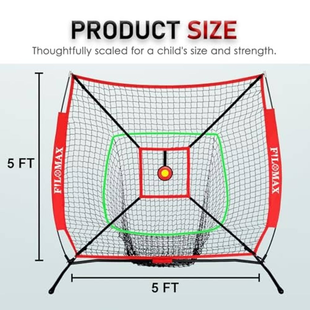 Front view of 5x5 ft baseball/softball practice net with red target square and net