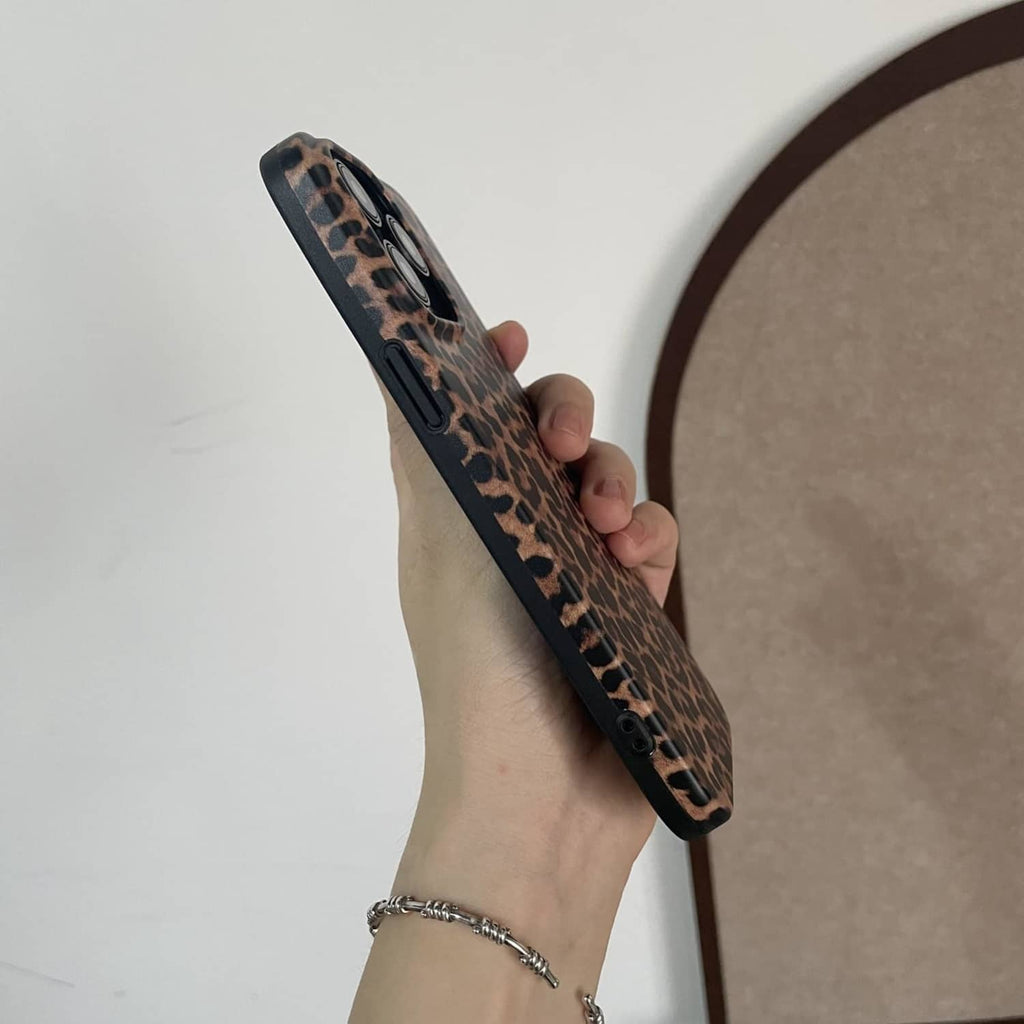 Brown leopard print phone case side view with button area and slim profile
