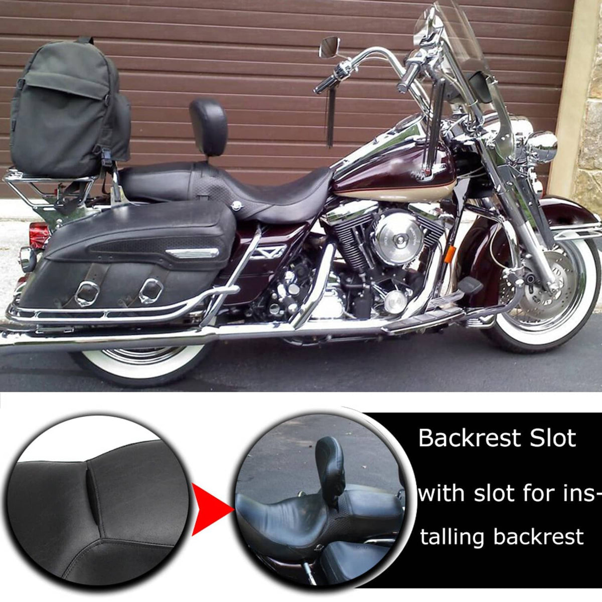 Black motorcycle seat mounted on a bike, with backrest slot opening detail
