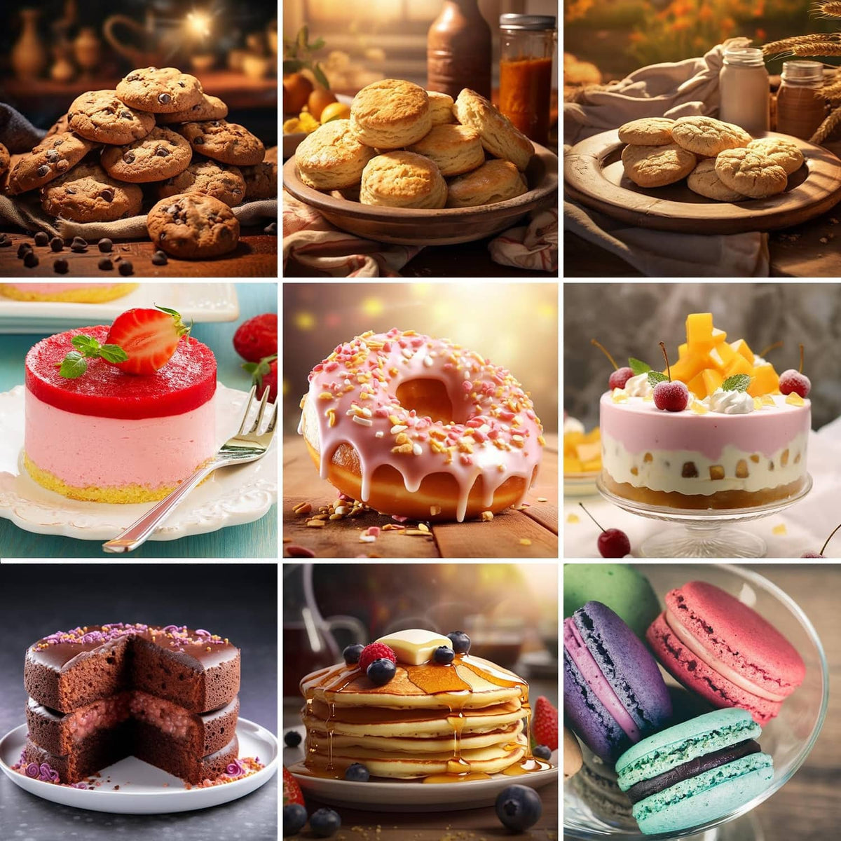 Assorted round desserts and baked treats on plates