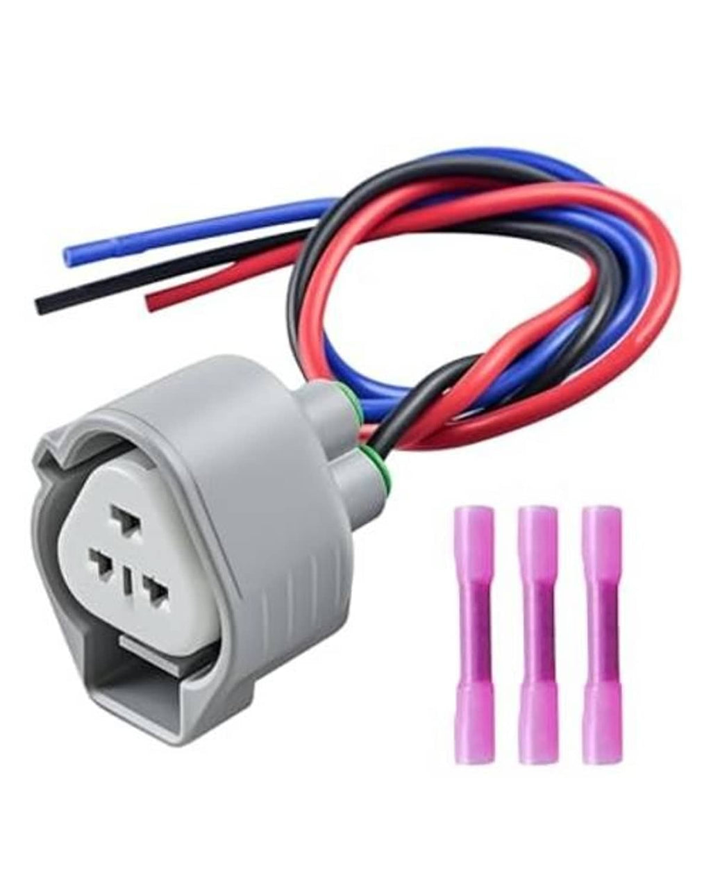 Gray turn signal light connector with red, blue, and black wire leads and purple caps