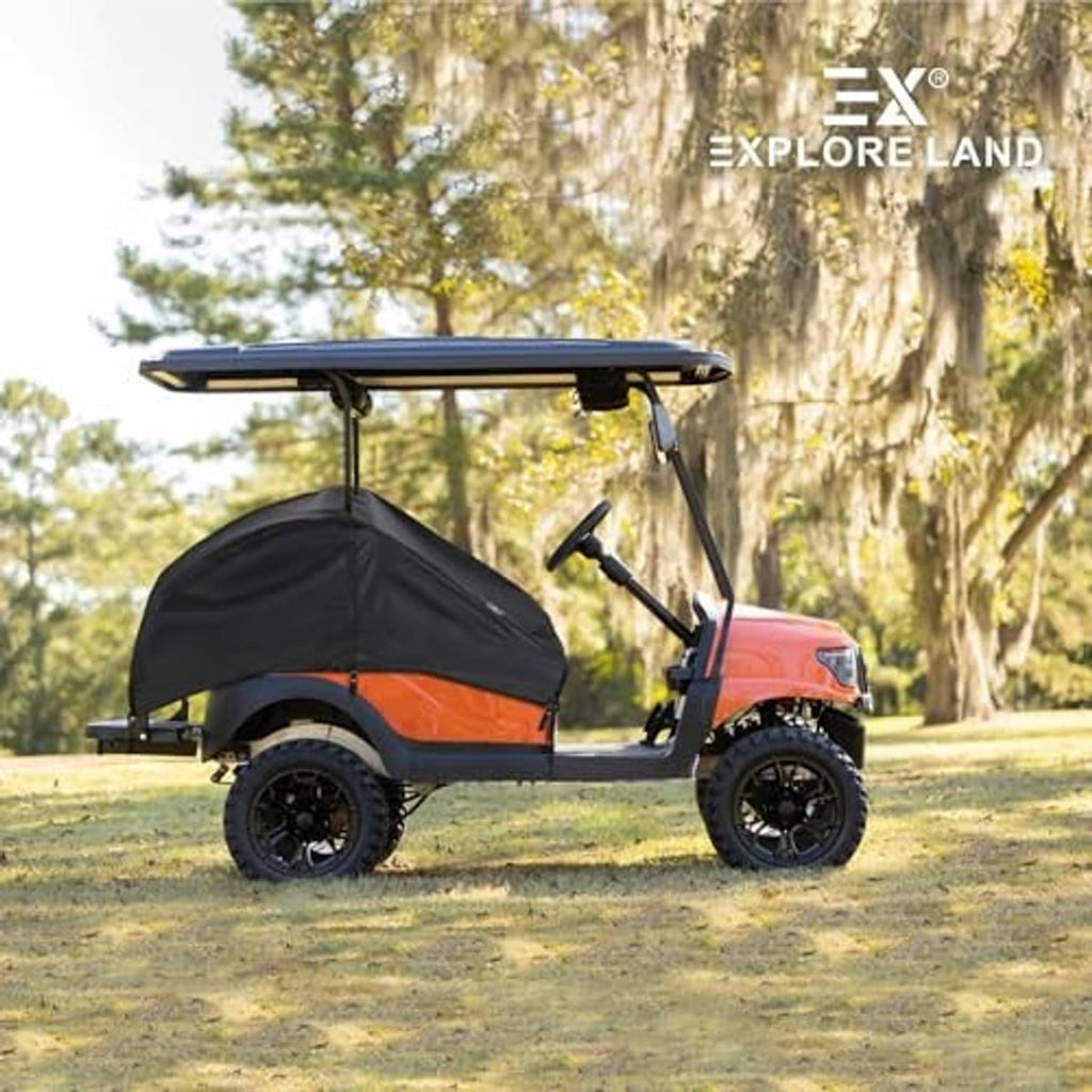 Black fitted seat cover on a side-by-side golf cart with front steering wheel