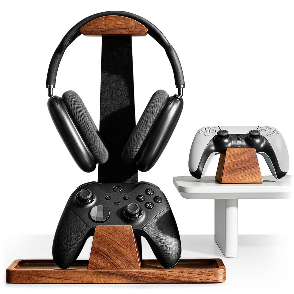 Wood and metal headset stand with two controller holders, black frame and angled wood supports