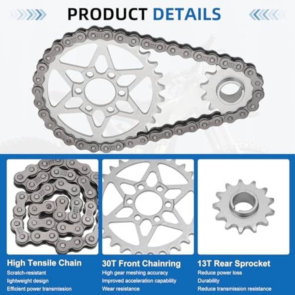 Drive sprocket kit close-up: roller chain with large rear sprocket and small front gear