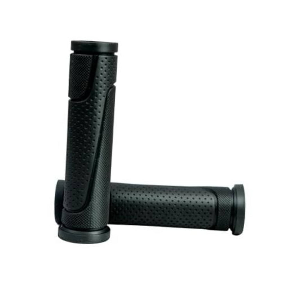 Black soft rubber bicycle handlebar grips with textured anti-slip pattern and end caps