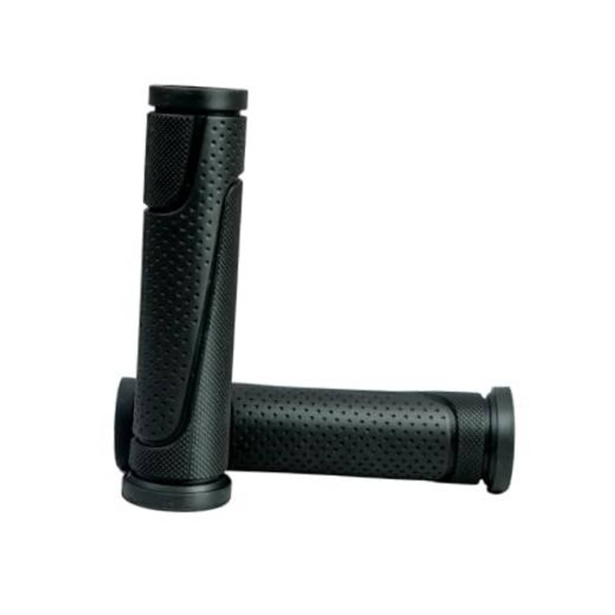 Black soft rubber bicycle handlebar grips with textured anti-slip pattern and end caps