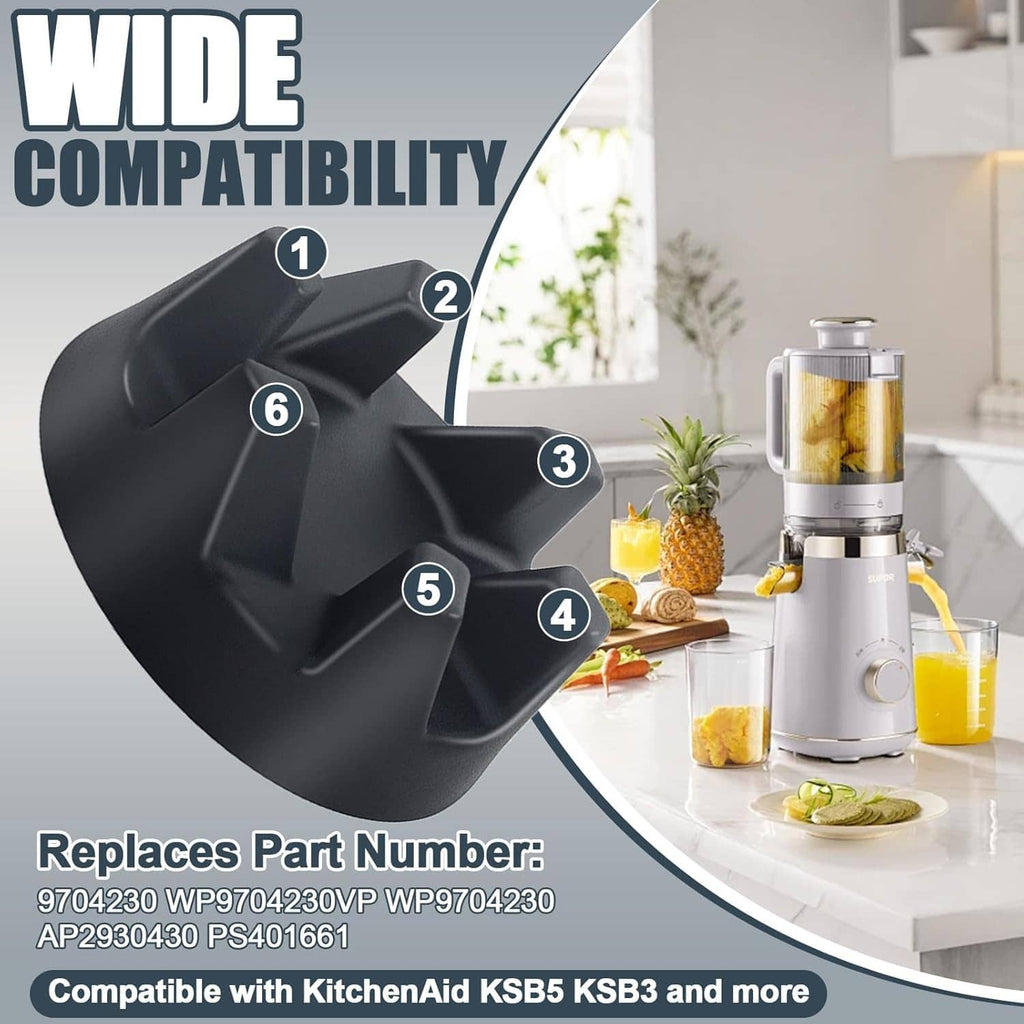 Large black blender coupler with molded teeth, shown with blender and ingredients
