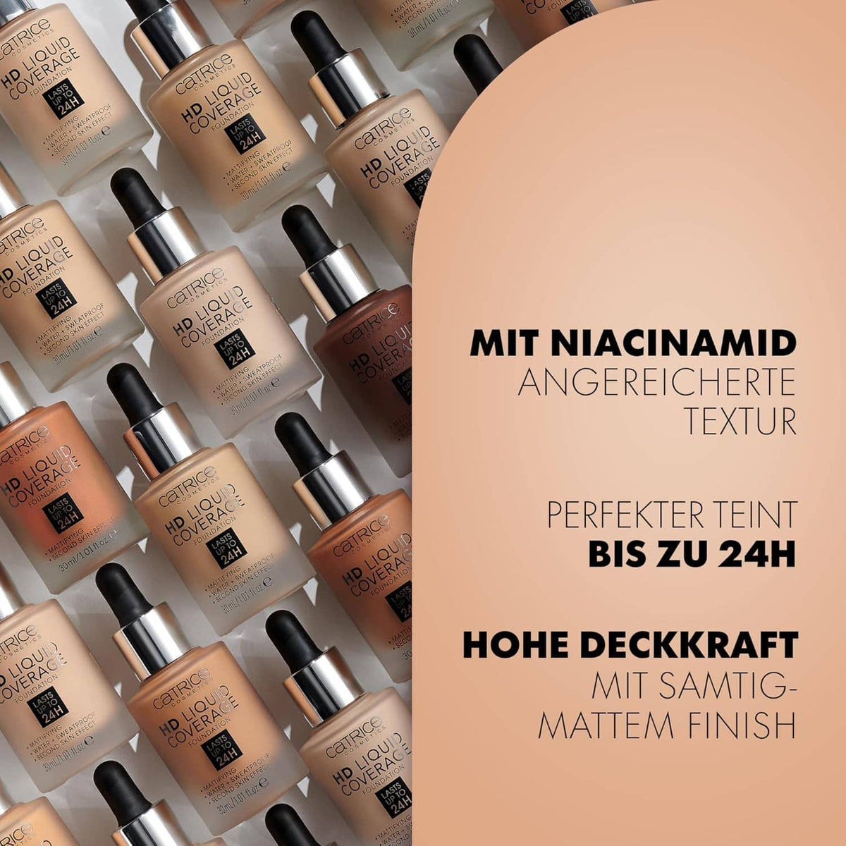 Set of liquid foundation bottles with black pumps, porcelain beige shades