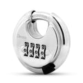 Silver 4-digit disc padlock with hardened dial cover and black reset buttons
