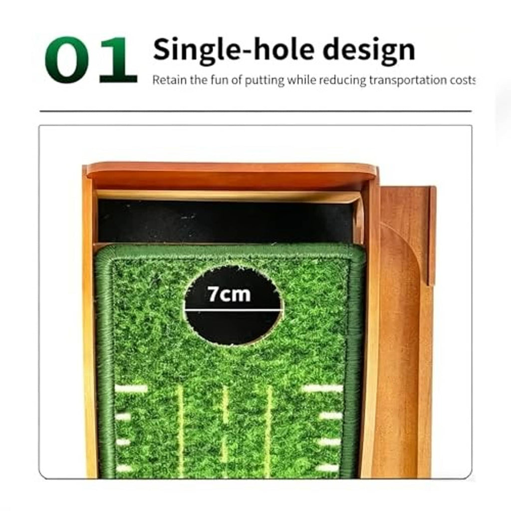 Single-hole golf putting mat with green turf in a wooden putting track