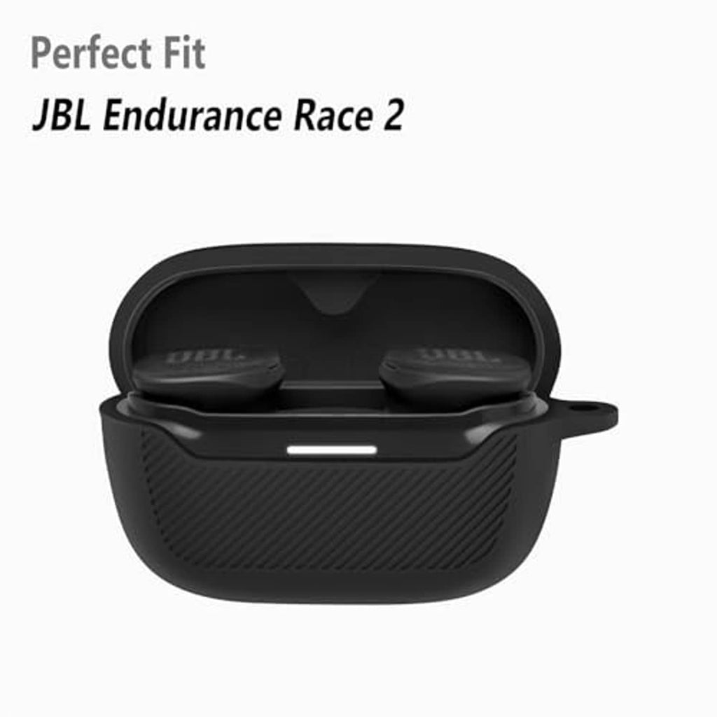Black silicone earbuds case cover shown open with earbuds inside